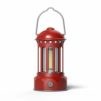 COB Battery Camping Lamp Small for Tents and Outdoors red compact lantern with 16-core COB array, hanging handle, wide even 400-lumen beam