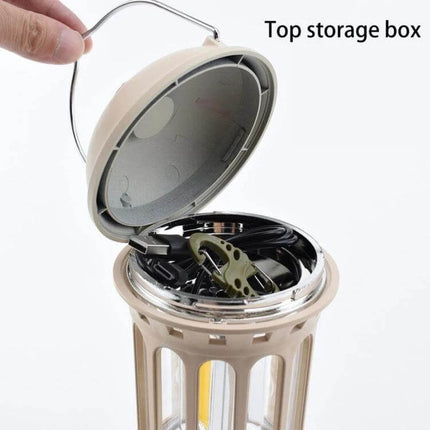 COB Battery Camping Lamp Small for Tents and Outdoors showing top storage box with open lid and packed accessories