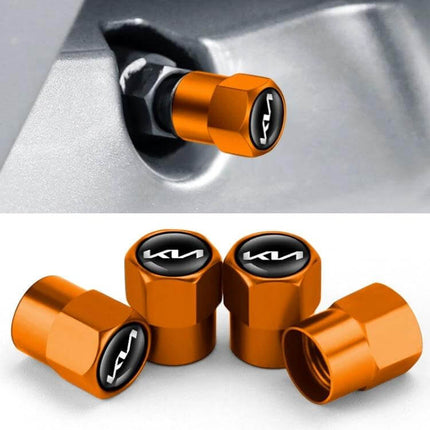 Kia Tire Valve Core Decorative Metal Caps Three Pack Set - orange copper-core metal valve caps with Kia logo, protect valve stems and add subtle shine