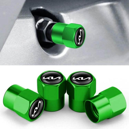 Kia Tire Valve Core Decorative Metal Caps Three Pack Set green metal valve caps with Kia logo, copper core, 8x13mm, protective wheel accent