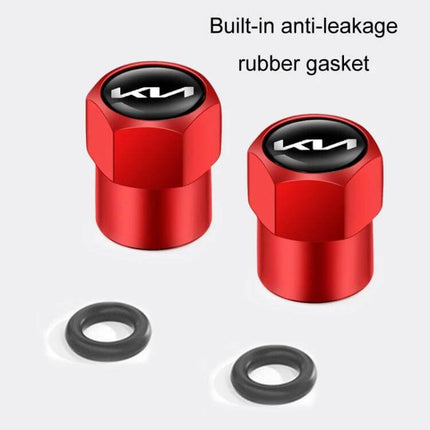 Kia Tire Valve Core Decorative Metal Caps Three Pack Set - red decorative metal valve caps with Kia logo and rubber gaskets protecting stems