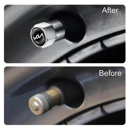 Kia Tire Valve Core Decorative Metal Caps Three Pack Set shown on wheel valve stem, copper core molybdenum-plated decorative caps protecting stem (before and after)