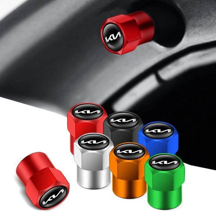Kia Tire Valve Core Decorative Metal Caps Three Pack Set — red metal caps with Kia logo, copper core plated, 8x13mm protective valve stem covers