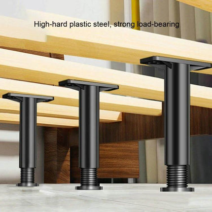 Bed Leg Support Bracket, Adjustable 15, 18, or 20 Cm black adjustable bed legs under wooden slats showing rotating height lock and sturdy load-bearing base