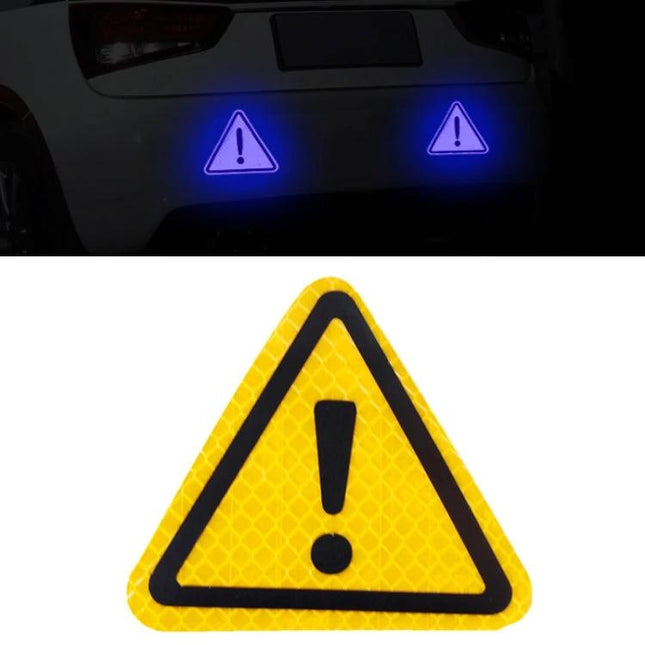 Reflective Triangle Warning Stickers for Vehicle Safety Warning applied on car bumper at night, high-visibility reflective caution triangle design