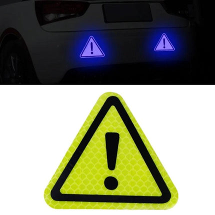 Reflective Triangle Warning Stickers for Vehicle Safety Warning showing glowing triangular caution decals applied to car bumper