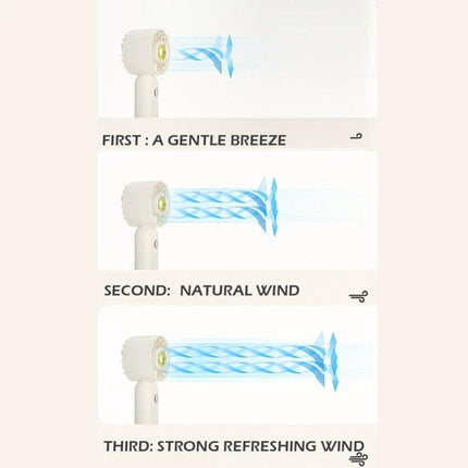 Handheld Mini Fan with Duck Design for Portable Cooling showing three adjustable speeds from gentle breeze to strong wind