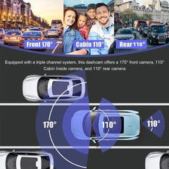 Triple-Lens 1080P Car Dash Cam with Night Vision and 2-Inch Display