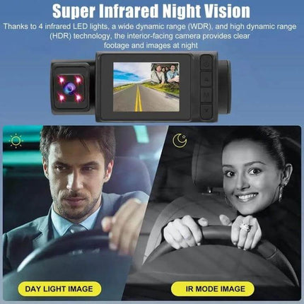 Practical Driving Recorder with 2-Inch Screen for Everyday Use front interior and rear view dashcam showing day and IR night vision