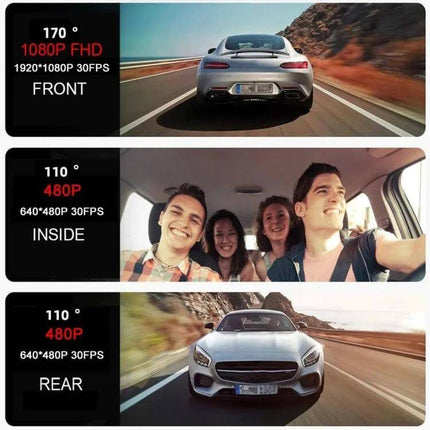 Practical Driving Recorder with 2-Inch Screen for Everyday Use showing front 1080P, inside 480P and rear 480P views