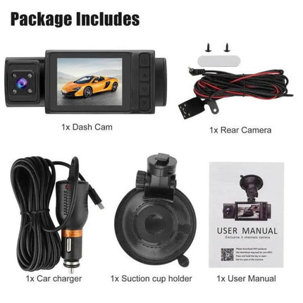 Practical Driving Recorder with 2-Inch Screen for Everyday Use showing dash cam, rear camera, charger, suction mount and user manual