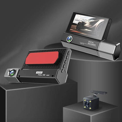 Three-Lens HD Driving Recorder for Road Video Monitoring showing front, interior and rear cameras with 170° and 120° lenses