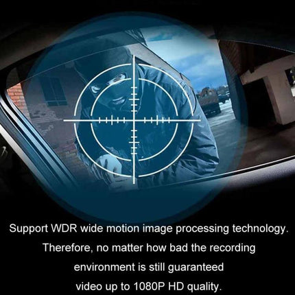Three-Lens HD Driving Recorder for Road Video Monitoring capturing a hooded intruder at car window with crosshair, 1080P WDR motion detection