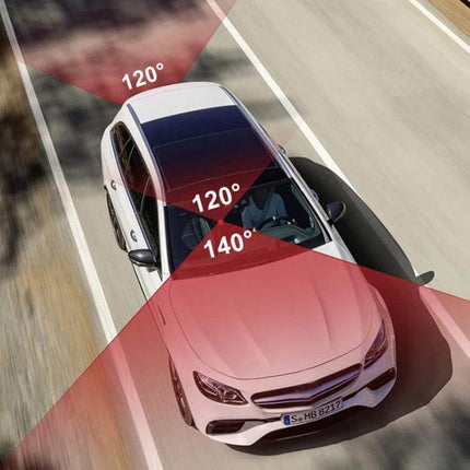 Three-Lens HD Driving Recorder for Road Video Monitoring capturing front 170° and interior 120° fields for comprehensive road and cabin surveillance