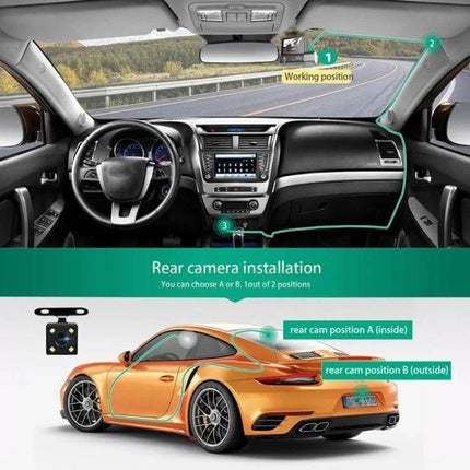 Three-Lens HD Driving Recorder for Road Video Monitoring installed showing front, interior and rear camera positions inside car