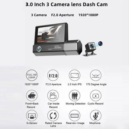Three-Lens HD Driving Recorder for Road Video Monitoring - 3.0in dash cam with 170° front lens, 120° interior lens, 1080p, motion detection, parking record