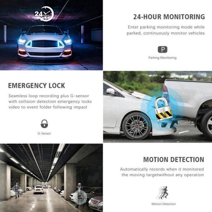 Three-Lens HD Driving Recorder for Road Video Monitoring capturing 24-hour monitoring, emergency lock and motion detection in parking and driving
