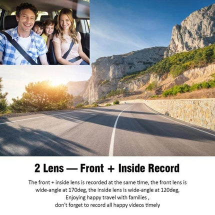 Three-Lens HD Driving Recorder for Road Video Monitoring front 170° and inside 120° capturing road and family interior