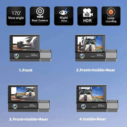 Three-Lens HD Driving Recorder for Road Video Monitoring showing front, inside and rear camera views and icons for 170° dual camera night vision HDR loop recording