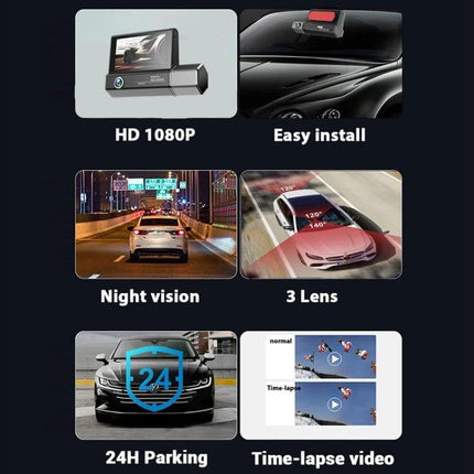 Three-Lens HD Driving Recorder for Road Video Monitoring capturing 1080P front, interior view, night vision, 3-lens 24H parking and time-lapse features