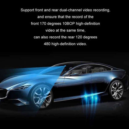 Three-Lens HD Driving Recorder for Road Video Monitoring showing front 170° and rear 120° coverage for dual-channel vehicle surveillance