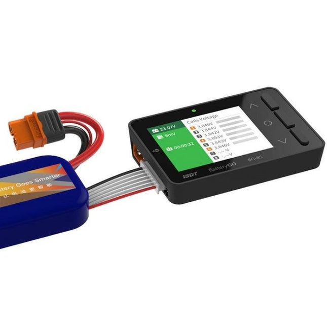 ISDT BG-8S Lithium Battery Voltage Monitor for 1-8S Cells showing screen with cell voltages and connected RC battery