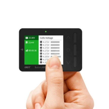 ISDT BG-8S Lithium Battery Voltage Monitor for 1-8S Cells handheld display showing per-cell voltages and balancing status