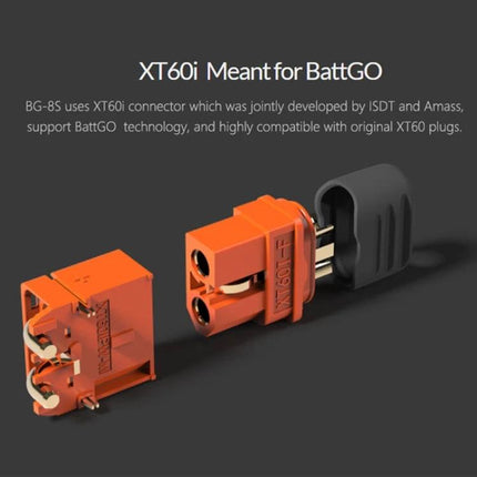 ISDT BG-8S Lithium Battery Voltage Monitor for 1-8S Cells image showing XT60i BattGO-compatible connector and adapter