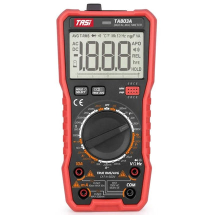 TASI Digital Multimeter for Household Electrical Testing showing red handheld meter with large LCD, rotary dial and input jacks for home troubleshooting