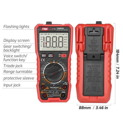 TASI Digital Multimeter for Household Electrical Testing - red handheld multimeter front/back view with labeled display, dial, input jacks, and protective sleeve