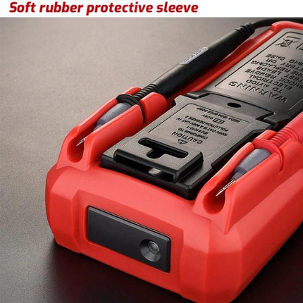 TASI Digital Multimeter for Household Electrical Testing showing red multimeter back with probes in soft rubber protective sleeve