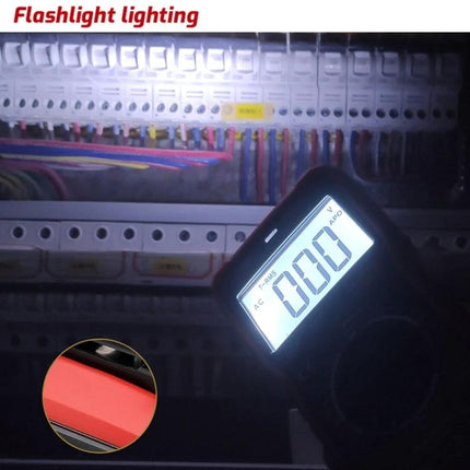 TASI Digital Multimeter for Household Electrical Testing showing flashlight-lit panel measurement of AC voltage and wiring