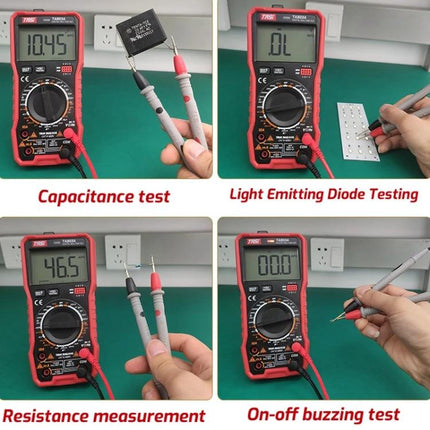 TASI Digital Multimeter for Household Electrical Testing showing capacitance, diode, resistance, and continuity tests on home components