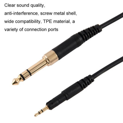 Durable Replacement Audio Cable for Headsets and Earphones showing gold-plated 1/4" and 3.5mm connectors, durable TPE jacket and anti-interference design.