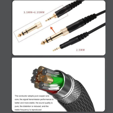 Durable Replacement Audio Cable for Headsets and Earphones showing 2.5mm and 3.5mm to 6.35mm adapters and copper conductor cross-section