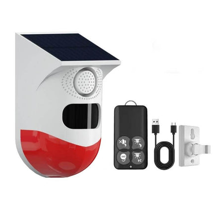 Outdoor Wireless Solar Motion Detector with Strobe Siren Alarm - WiFi solar-powered outdoor motion sensor with strobe siren, remote app alerts, and remote control