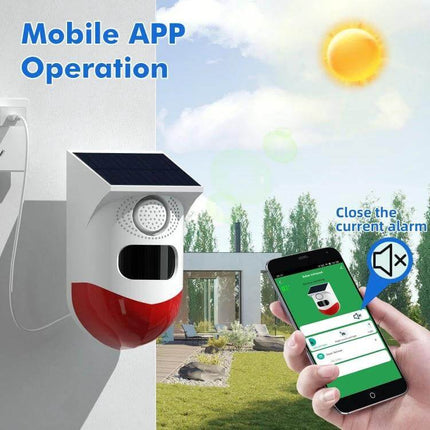Outdoor Wireless Solar Motion Detector with Strobe Siren Alarm mounted outdoors showing solar panel and mobile app control for remote alerts