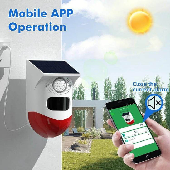 Outdoor Wireless Solar Motion Detector with Strobe Siren Alarm mounted outdoors showing solar panel and mobile app control for remote alerts