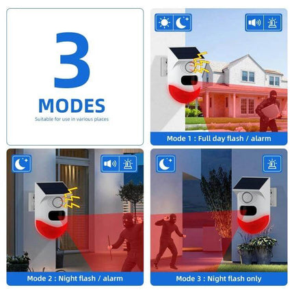 Outdoor Wireless Solar Motion Detector with Strobe Siren Alarm mounted on house showing three modes: day alarm, night alarm, and night flash only