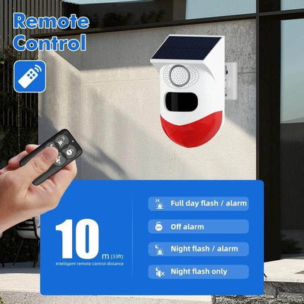 Outdoor Wireless Solar Motion Detector with Strobe Siren Alarm mounted on wall with solar panel, WiFi remote control and instant app alerts