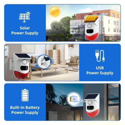 Outdoor Wireless Solar Motion Detector with Strobe Siren Alarm mounted outdoors showing solar, USB and built-in battery power options for WiFi security