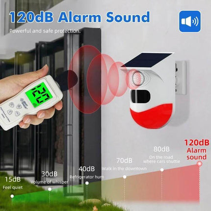 Outdoor Wireless Solar Motion Detector with Strobe Siren Alarm mounted on wall showing 120dB alarm sound and WiFi app alert