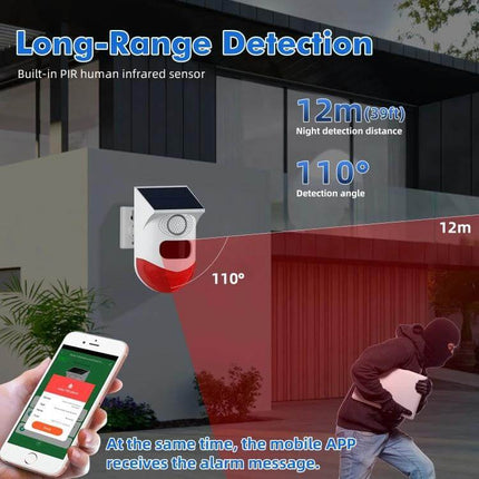 Outdoor Wireless Solar Motion Detector with Strobe Siren Alarm showing 12m range, 110° detection and mobile app alert for home security
