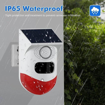 Outdoor Wireless Solar Motion Detector with Strobe Siren Alarm mounted outdoors in rain showing IP65 waterproof solar panel and WiFi security