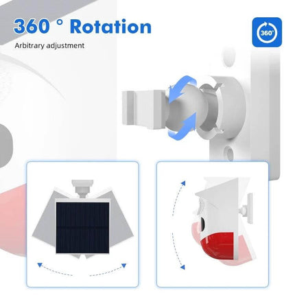 Outdoor Wireless Solar Motion Detector with Strobe Siren Alarm showing 360° rotation mount, solar panel and WiFi remote alert features