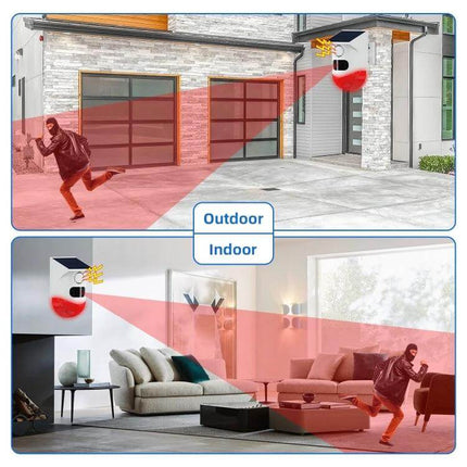 Outdoor Wireless Solar Motion Detector with Strobe Siren Alarm mounted outside and inside showing red detection beams and intruder alerts via WiFi app