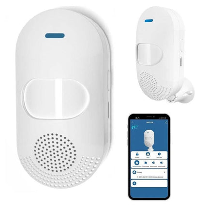 Tuya App-Controlled Wireless Motion Sensor for Home Security mounted near doorway with app interface on smartphone
