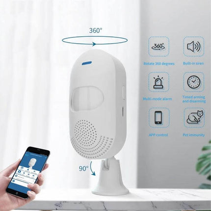 Tuya App-Controlled Wireless Motion Sensor for Home Security mounted on stand showing 360° rotation, built-in 80dB siren and Tuya app control