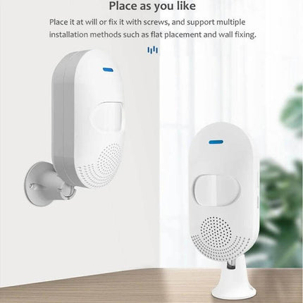 Tuya App-Controlled Wireless Motion Sensor for Home Security wall and tabletop placement showing sensor and siren unit
