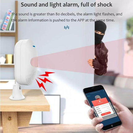 Tuya App-Controlled Wireless Motion Sensor for Home Security detecting intruder, 80dB alarm and Tuya app alert on smartphone